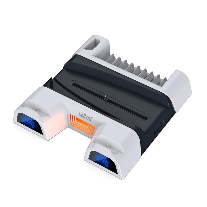 Stand vertical de incarcare Voltmi, Dual Charge, 5V, 2x port USB 3.0, 10 sloturi CD, Alb pentru PlayStation 5