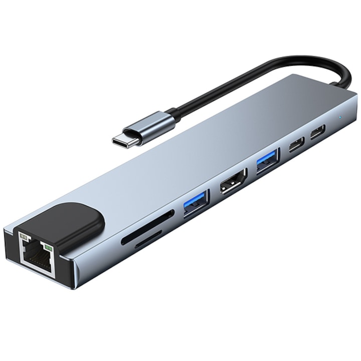 Adaptor Hub 8 in 1 cu Mufa de intrare Type-C, 1 Port 1 Port USB 3.0, 1 Port USB 2.0, Port SD/TF Card, 1 Port HDMI 4k/30HZ, 2 Porturi USB Type-C, Aluminiu