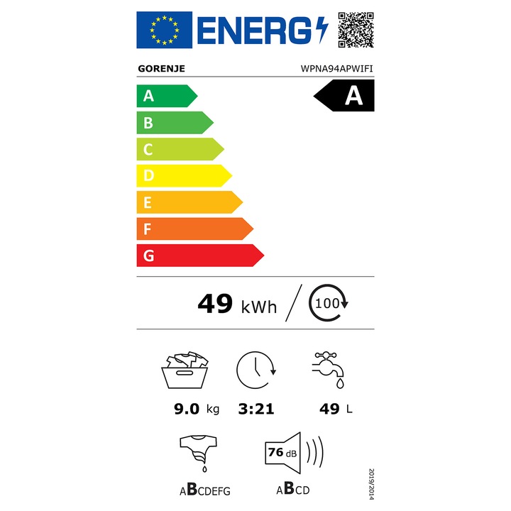 Gorenje WPNA94APWIFI Masina de spalat cu incarcare frontala, clasa energetica A, 1400 rpm, capacitate 9 kg, 15 programe, LED, alb