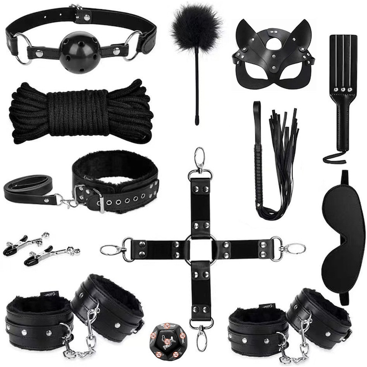 Комплект от 13 еротични играчки - BDSM, еко кожа, бондж, калус, белезници, камшик, яка, въже, перо, маншети, черни