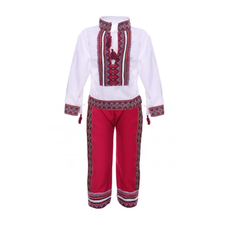 Costum popular baieti, 2 piese, bluza si pantalon rosu, 2-3 ani