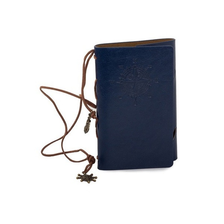 Agenda tip jurnal de calatorie, cu legatori din piele si coperta din piele ecologica, 15 x 10 cm, Nedatata, Blue ocean