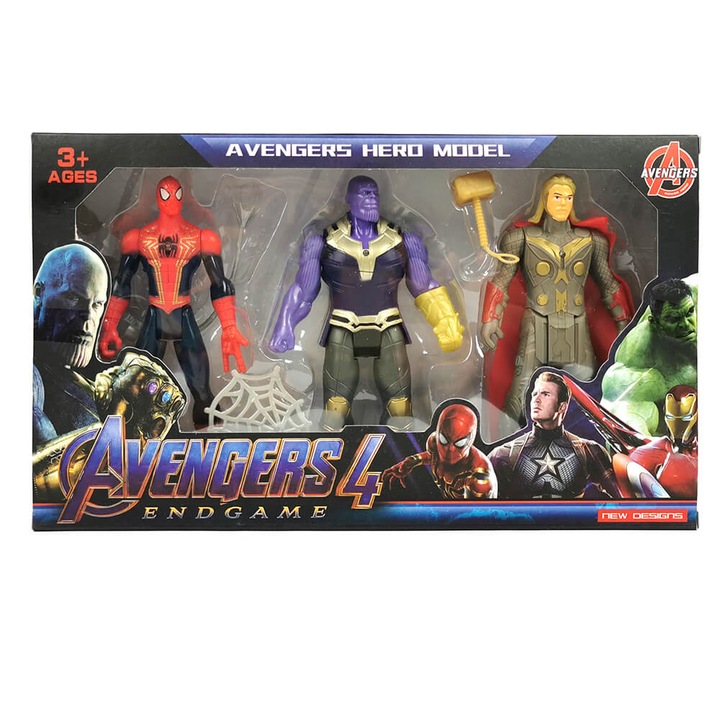 Set figurine Avengers, Cu arme, 3 piese, Spiderman/Thanos/Thor, Multicolor