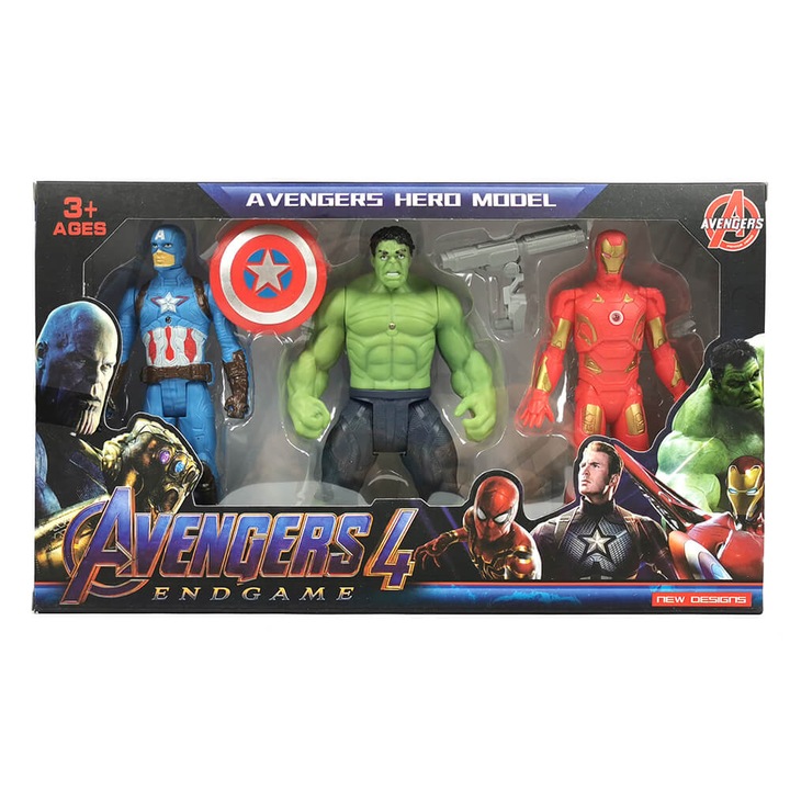 Комплект фигурки Avengers, С оръжие, 3 броя, Iron Man, Hulk, Kaptein America
