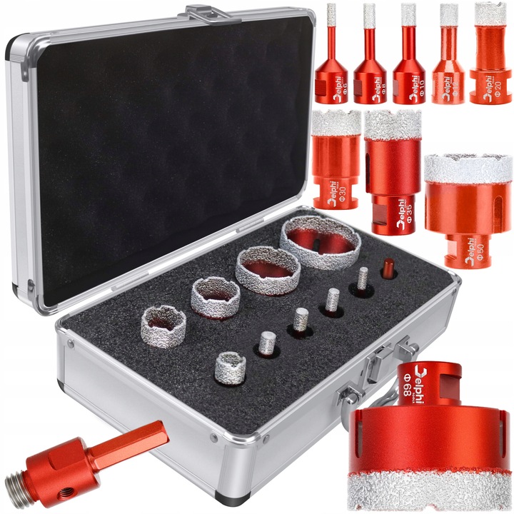 DELPHI Set 9 unelte pentru gresie, freza pentru carote, 9 burghie 1 adaptor M14, carcasa metalica, ferastrau cu gaura cu diamant, bit pentru gresie si gresie
