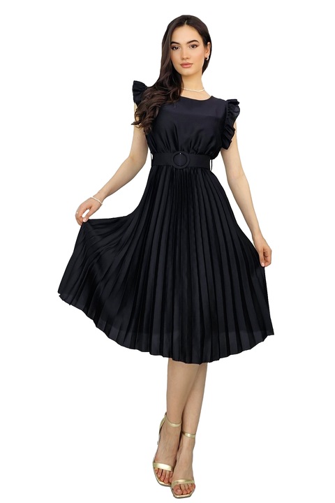 Дамска рокля, Elenor, Плисирана, С волани и колан, Черна, Универсален размер S/M
