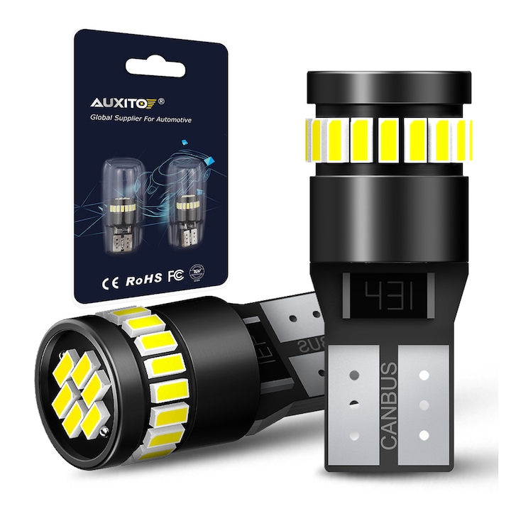 Set 2 becuri LED pozitie auto T10, W5W AUXITO® 6000k alb rece, canbus 12V