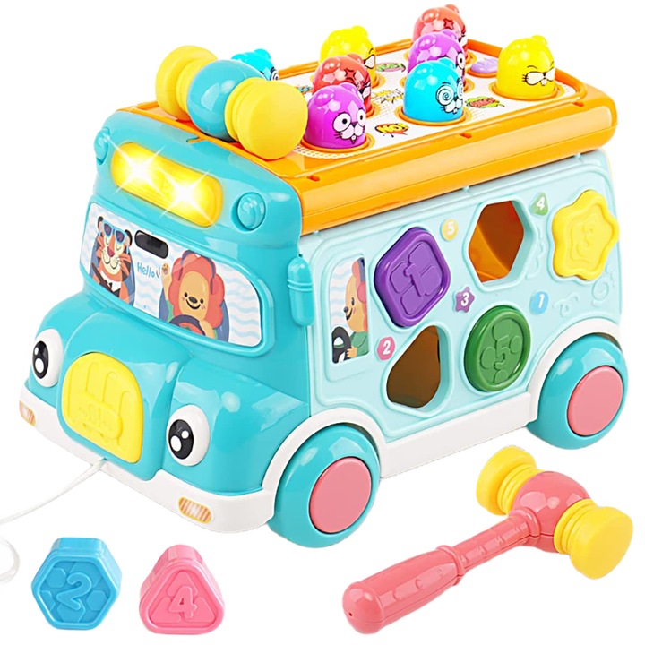 Autobuz interactiv Giftry®, jucarie sortare cu sunete si lumini, activitati educative bebelusi, animale, unelte, ceas, 3 ani +, albastru