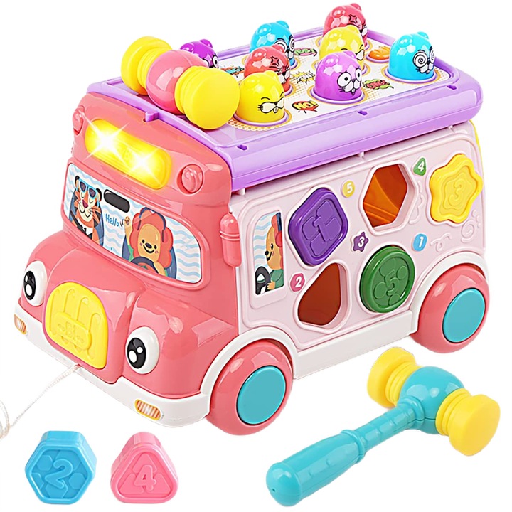 Autobuz interactiv Giftry®, jucarie sortare cu sunete si lumini, activitati educative bebelusi, animale, unelte, ceas, 3 ani +, roz