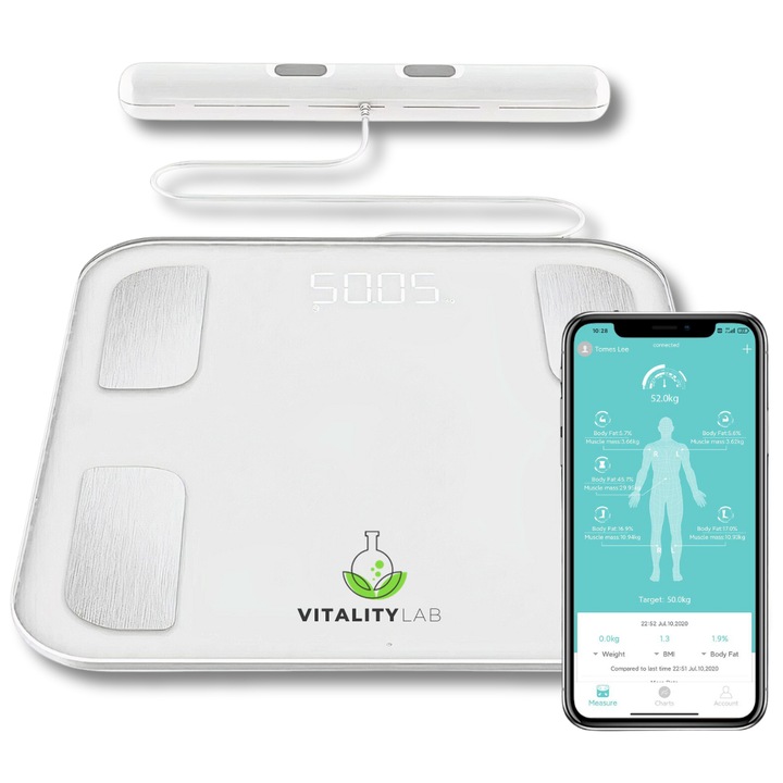 Cantar inteligent profesional Vitality Lab™, 18 indici corporali, 8 senzori analiza, calculator indice masa corporala, raport evolutie utilizator, numar de utilizatori nelimitat, integrare IOS/Android