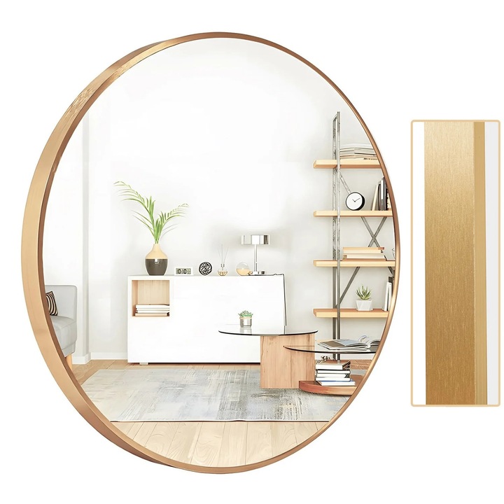 Кръгло огледало Callena, метална рамка, злато, 40x40см