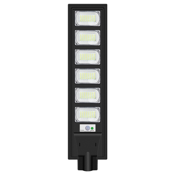 Lampa solara stradala Flippy, cu telecomanda, senzor de miscare si lumina, suport prindere, 288 LED-uri, IP65, ABS, 15AH, 300W, temperatura culoare 6500K, 79x18.8x5 cm, autonomie 10-12 ore, negru