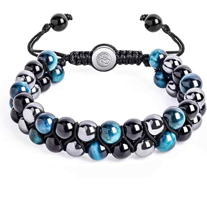 Гривна с тройна защита, Мъниста от 3 полускъпоценни камъка, Синьо тигрово око/Хематит/Обсидиан, 8 мм