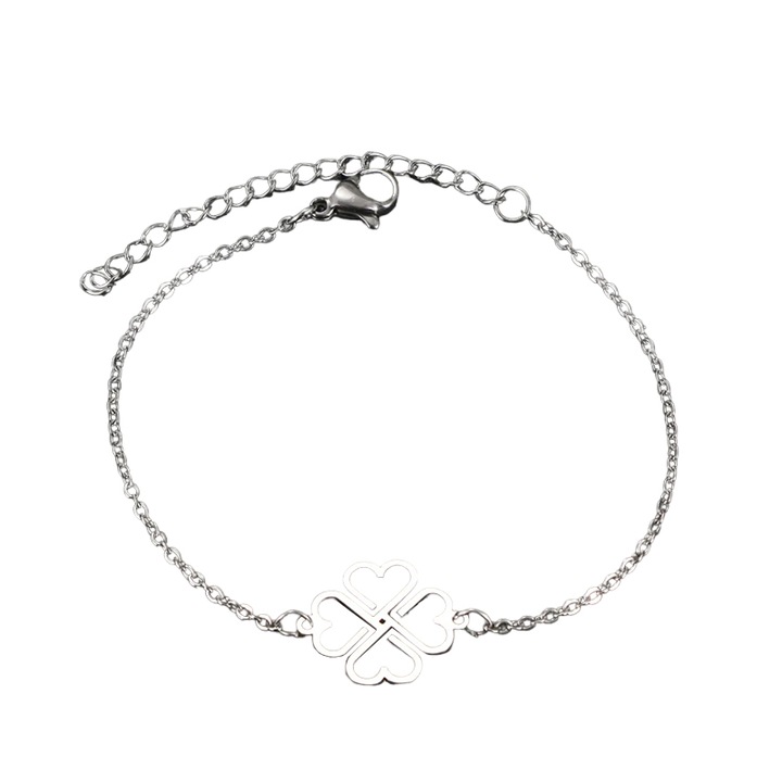 Дамска гривна, модел четирилистна детелина, висулка с късметчета, регулируема, сребърна, EFAYN