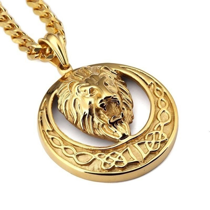 Lant, model lion king cu blazon, pandantiv cap de leu regal, unisex, auriu, EFAYN