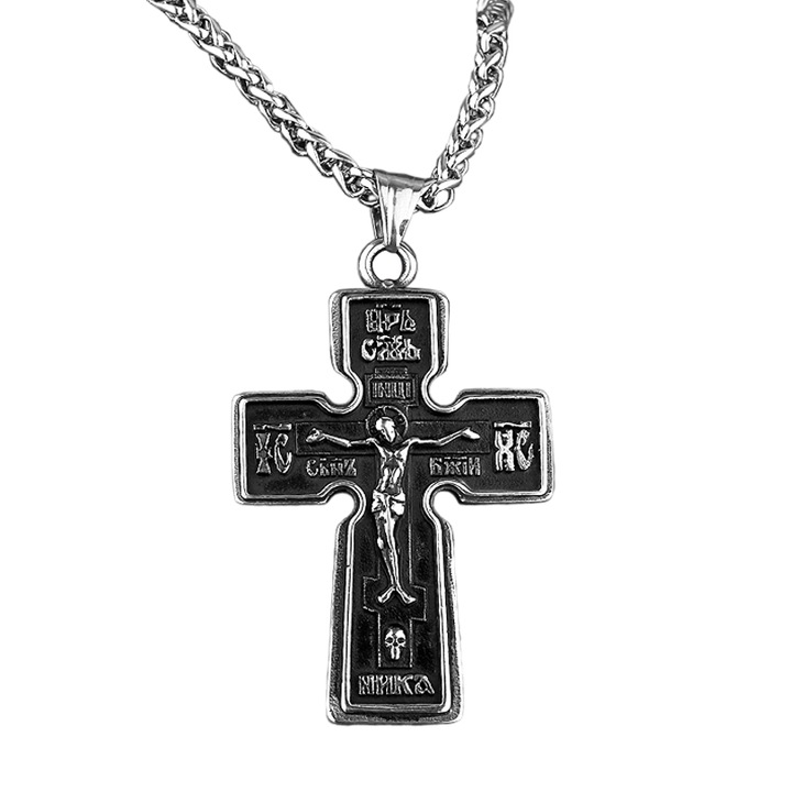 Lant, model bizantin, pandantiv cruce, detalii multiple, unisex, argintiu, EFAYN