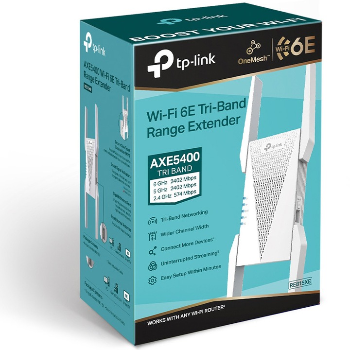 Range Extender TP-Link RE815XE Wi-Fi 6E Tri-Band Gigabit AXE5400, tehnologie OneMesh, MU-MIMO, Seamless roaming, Mod Access Point
