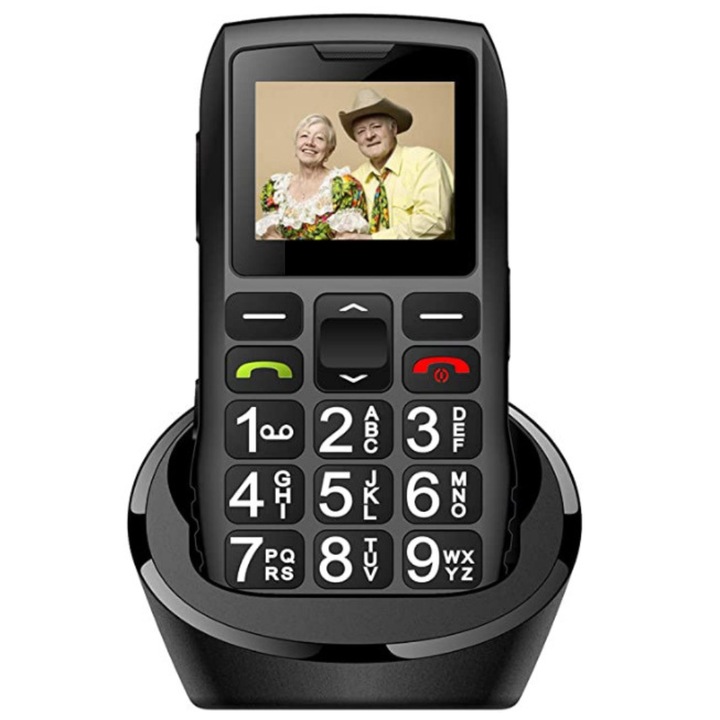 Мобилен телефон за възрастни, 2 SIM карти, стойка за зареждане, SOS бутон, Bluetooth, фенерче, радио, черен