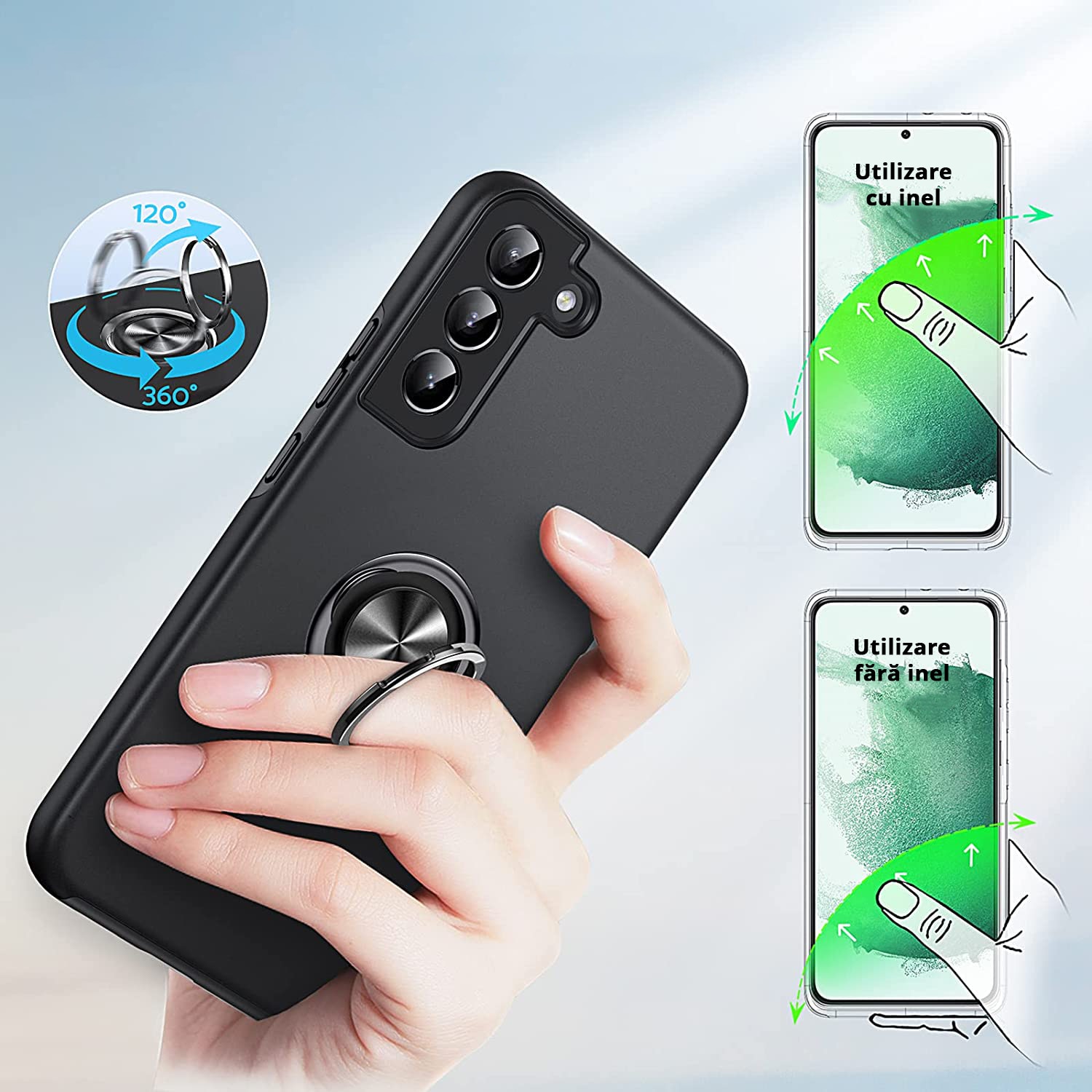 Husa pentru Samsung Galaxy S22, inel rotativ 360° si Kickstand, Protectie Militara Antisoc, cu disipare termica, Negru