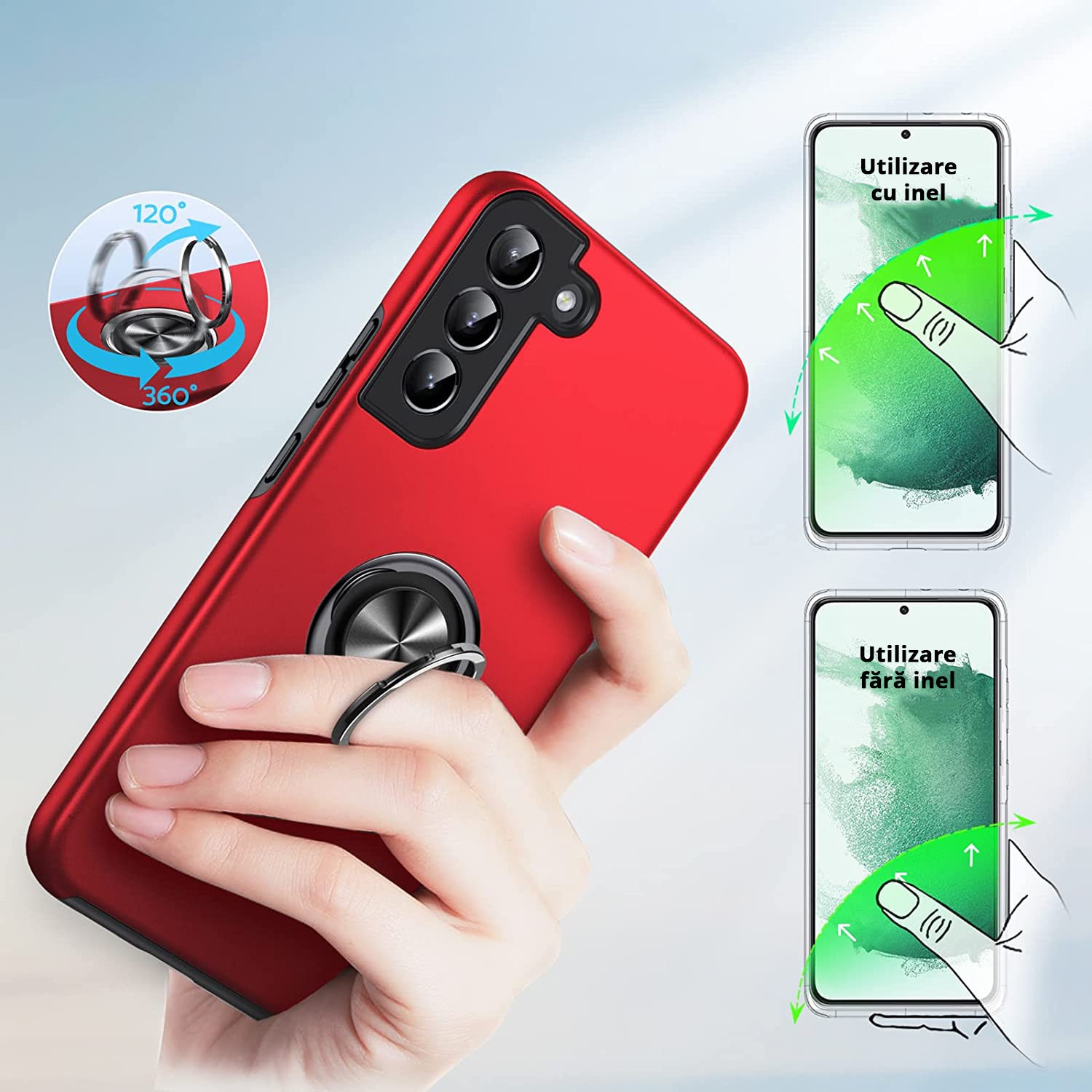 Husa pentru Samsung Galaxy S22, MobileSmart, Hibrid Antisoc, Inel Rotativ 360° Magnetic pentru Suport Auto, Rosu