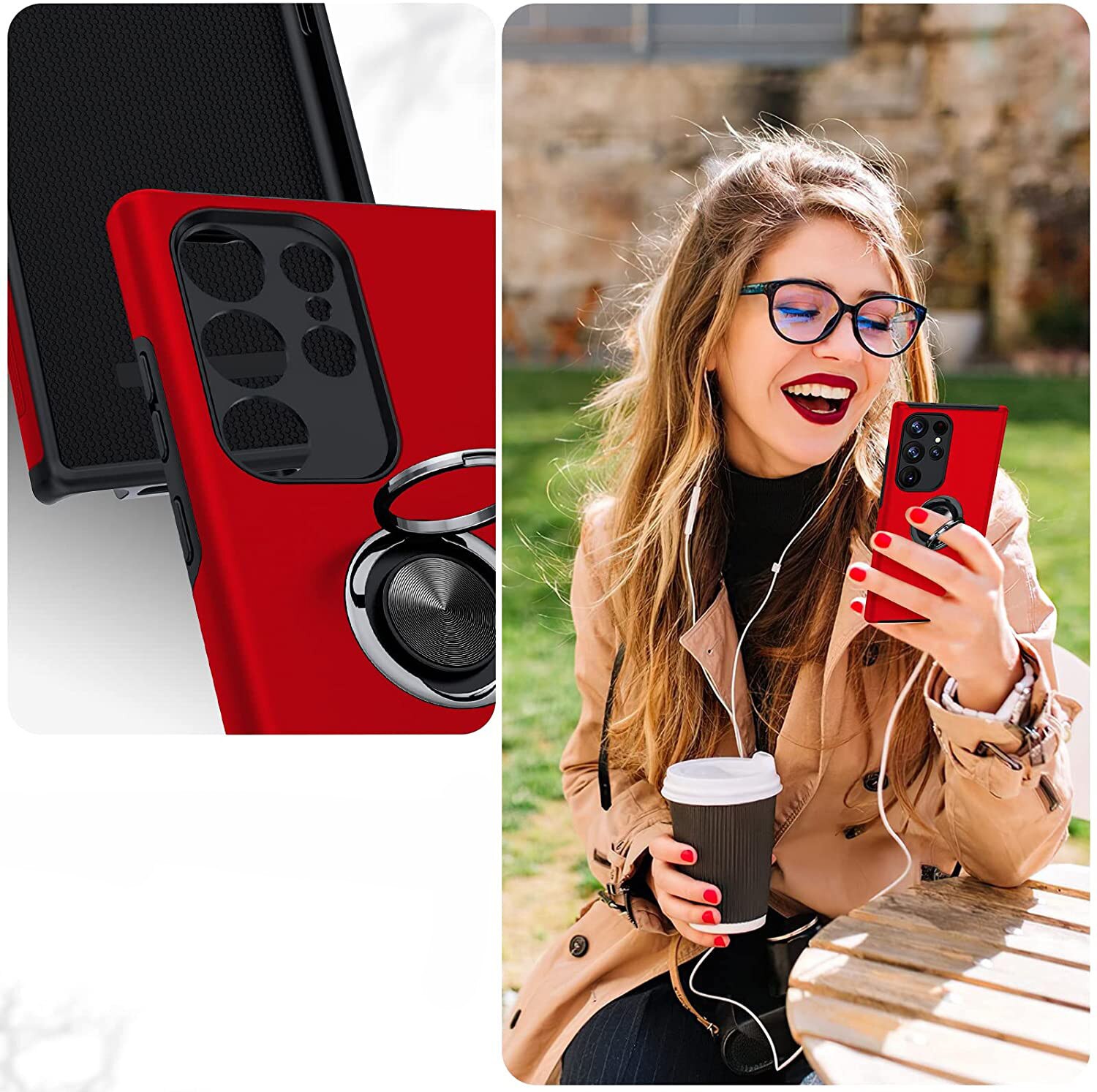 Husa pentru Samsung Galaxy S23 Ultra, MobileSmart, Hibrid Antisoc, Inel Rotativ 360° Magnetic pentru Suport Auto, Rosu