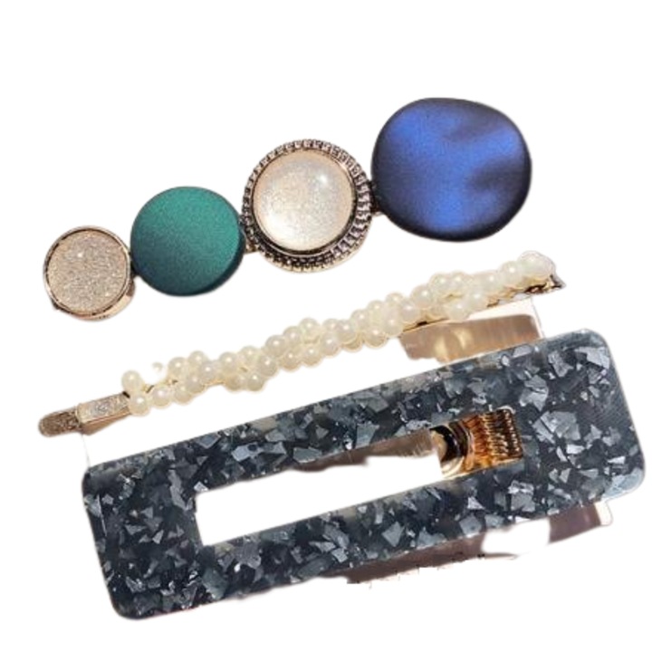 Set 3 agrafe de par, Izamel, Metal/Plastic, 0.5-2x6.6cm, Multicolor