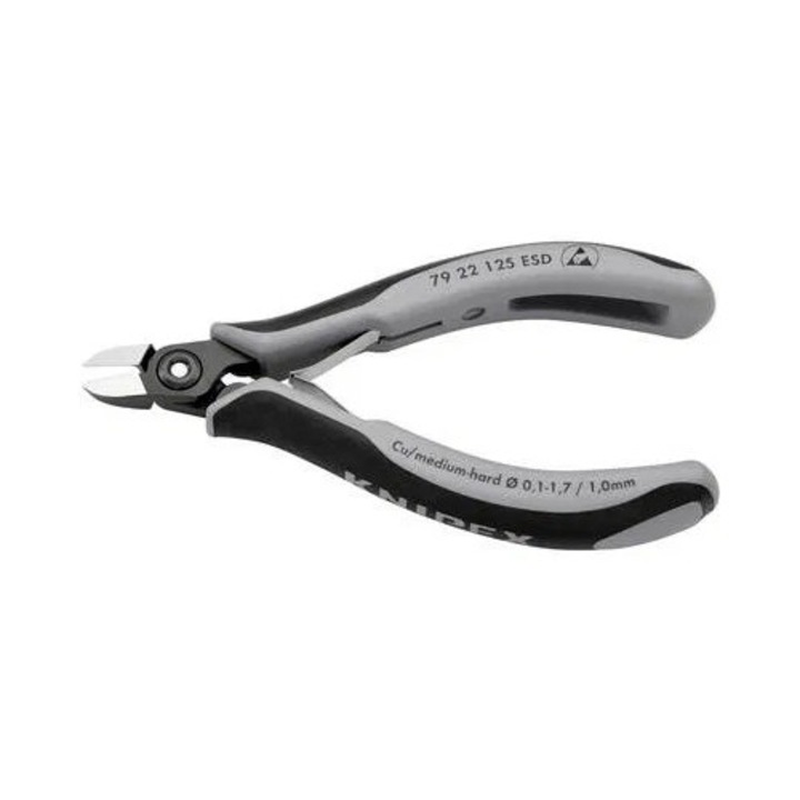 ESD Precíziós-elektronikai oldalcsípőfogó, kerek fej, lágy/közepes huzal max.: O 1,7/1 mm, Knipex 79 22 125 ESD (79 22 125 ESD)