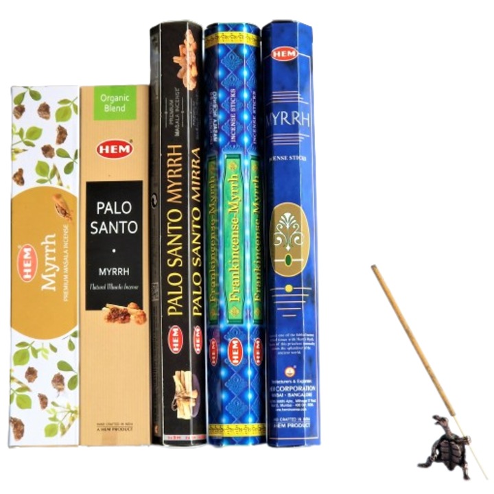 Set Mixt 80 Betisoare Parfumate, HEM, Myrr Premium Masala, Organic Palo Santo Myrr, Palo Santo Myrr, Frankincense Myrr, Myrr, Suport Broscuta Testoasa