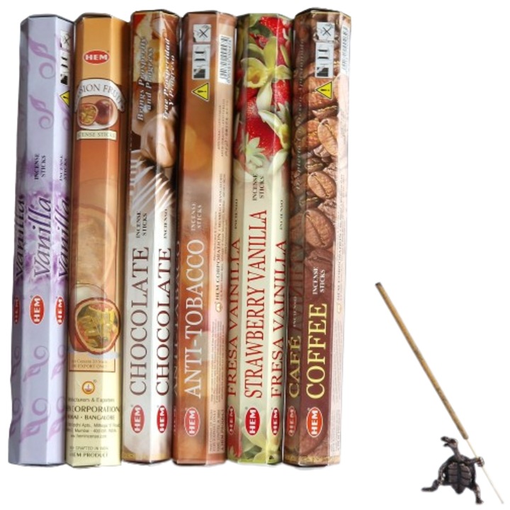 Set Mixt 120 Betisoare Parfumate, HEM, Vanilla, Passion Fruit, Chocolate, Anti Tabacco, Strawberry Vanilla, Coffee, Suport Broscuta Testoasa