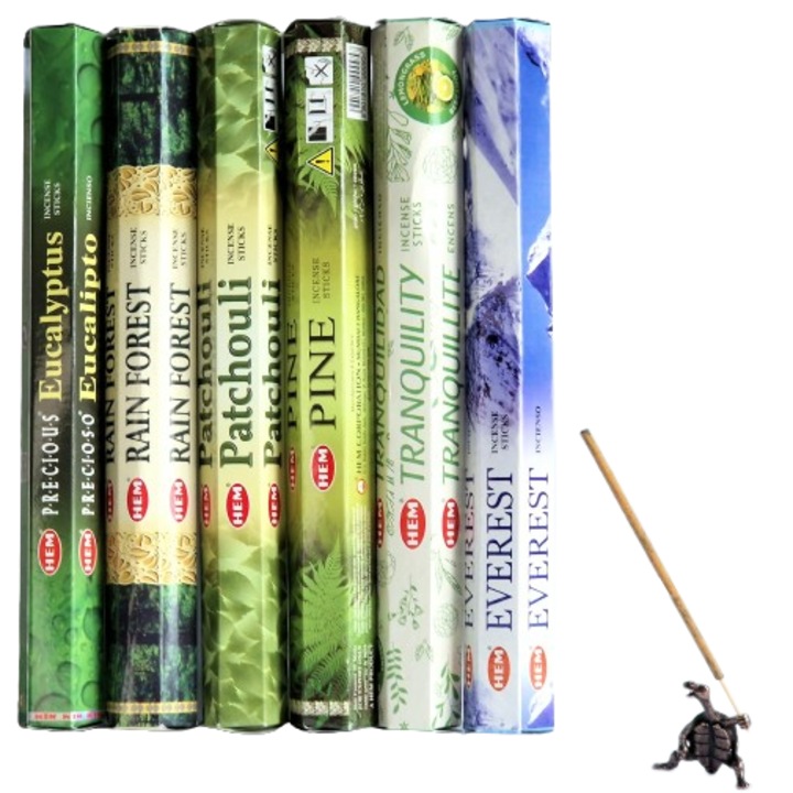 Set Mixt 120 Betisoare Parfumate, HEM, Precious Eucalyptus, Rain Forest, Patchouli, Pine, Tranquility, Everest, Suport Broscuta Testoasa