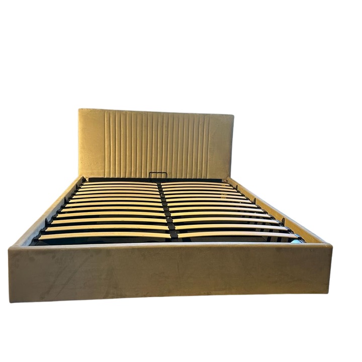 Pat dormitor tapitat model Stripes cu somiera metalica rabatabila si spatiu de depozitare, Culoare Gri, 180x200 cm