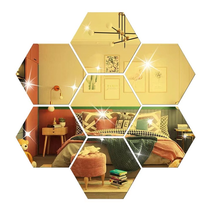 Комплект от 12 самозалепващи стикера, mzoLife®, тип декоративно огледало, 3D, 126x110x63mm, злато