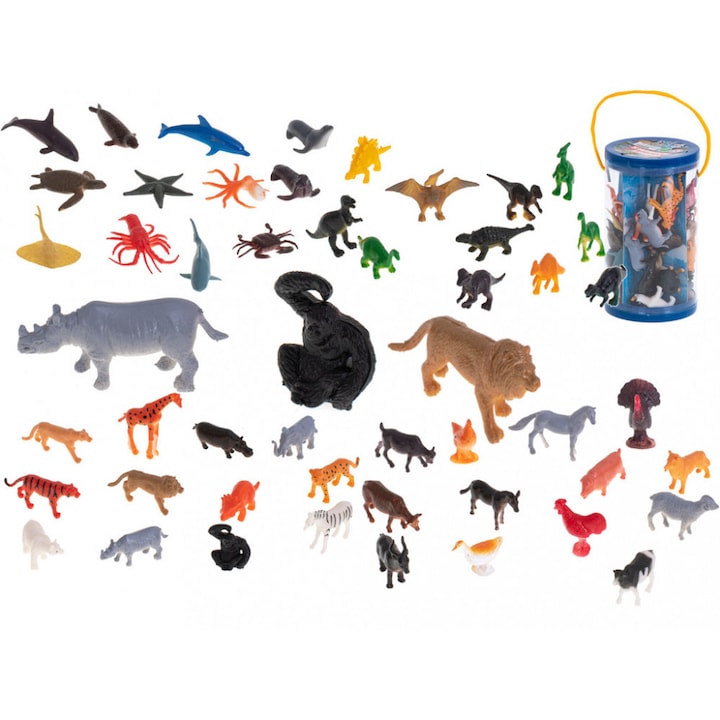 Set de 48 de figurine de animale de jucarie, Egyeb, Plastic, dinozauri, animale de ferma, safari si marine, Multicolor