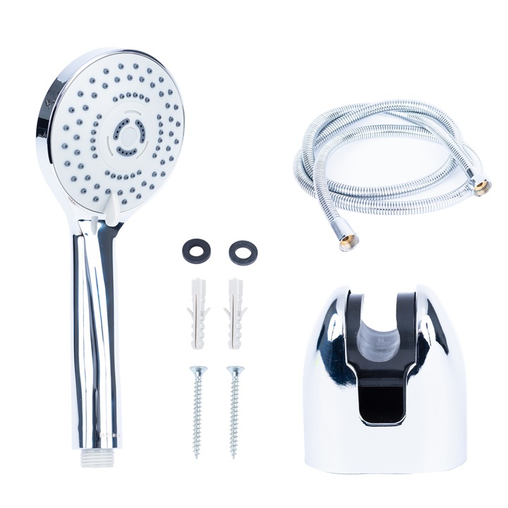 Set complet de dus, cu 3 functii, furtun flexibil, cu suport si kit de instalare inclus