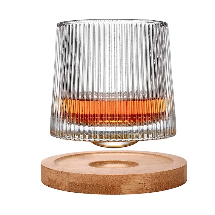 Zggzerg üveg pohár forgató készlet, Bambusz alátéttel, hőálló, 360°-ban forgatható, Könnyen tartható és tisztítható, Átmérő 8 x magasság 7,5 cm, 160 ml, Átlátszó