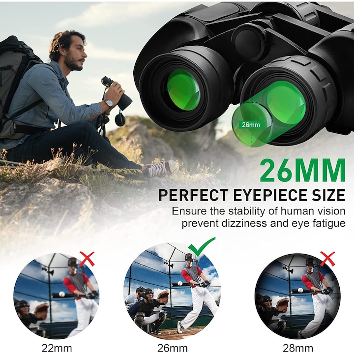 Binoclu pentru adulti si copii, Excitat® 20x50 Binoclu militar militar de mare putere, binoclu compact HD rezistent la apa cu lumina scazuta si viziune de noapte