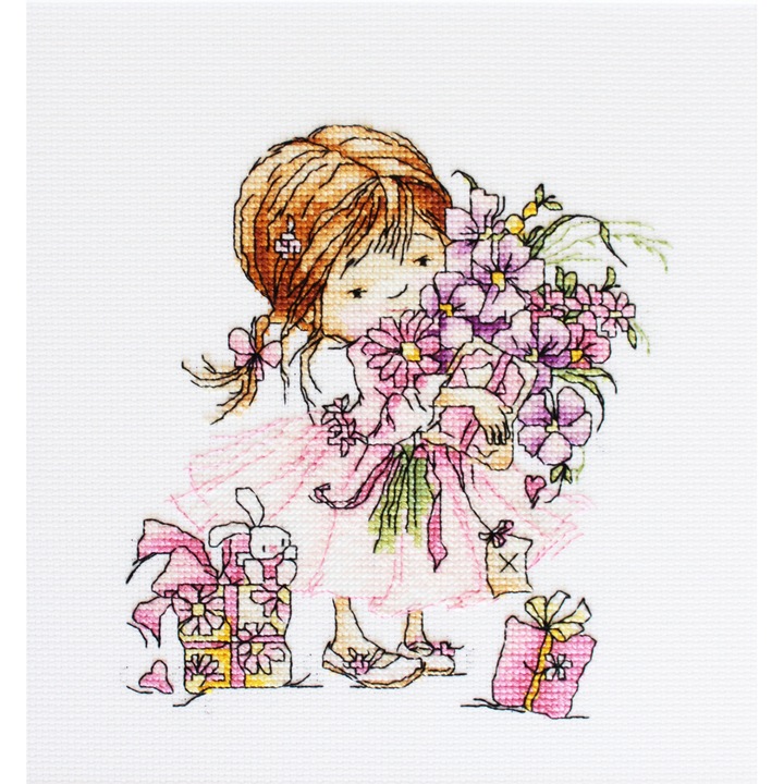 Set de brodat in cruciulita, Fetita cu buchet, 13,5x14,5 cm