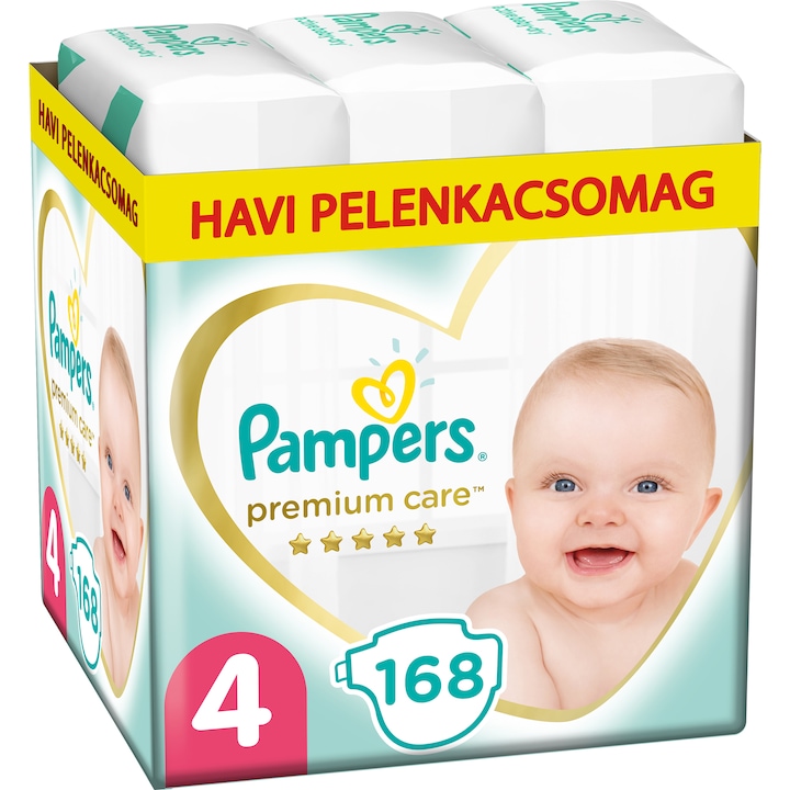 Pampers Premium Care Pelenka, 4-es Méret (Maxi), 9-14 kg, 168 db, havi pelenkacsomag