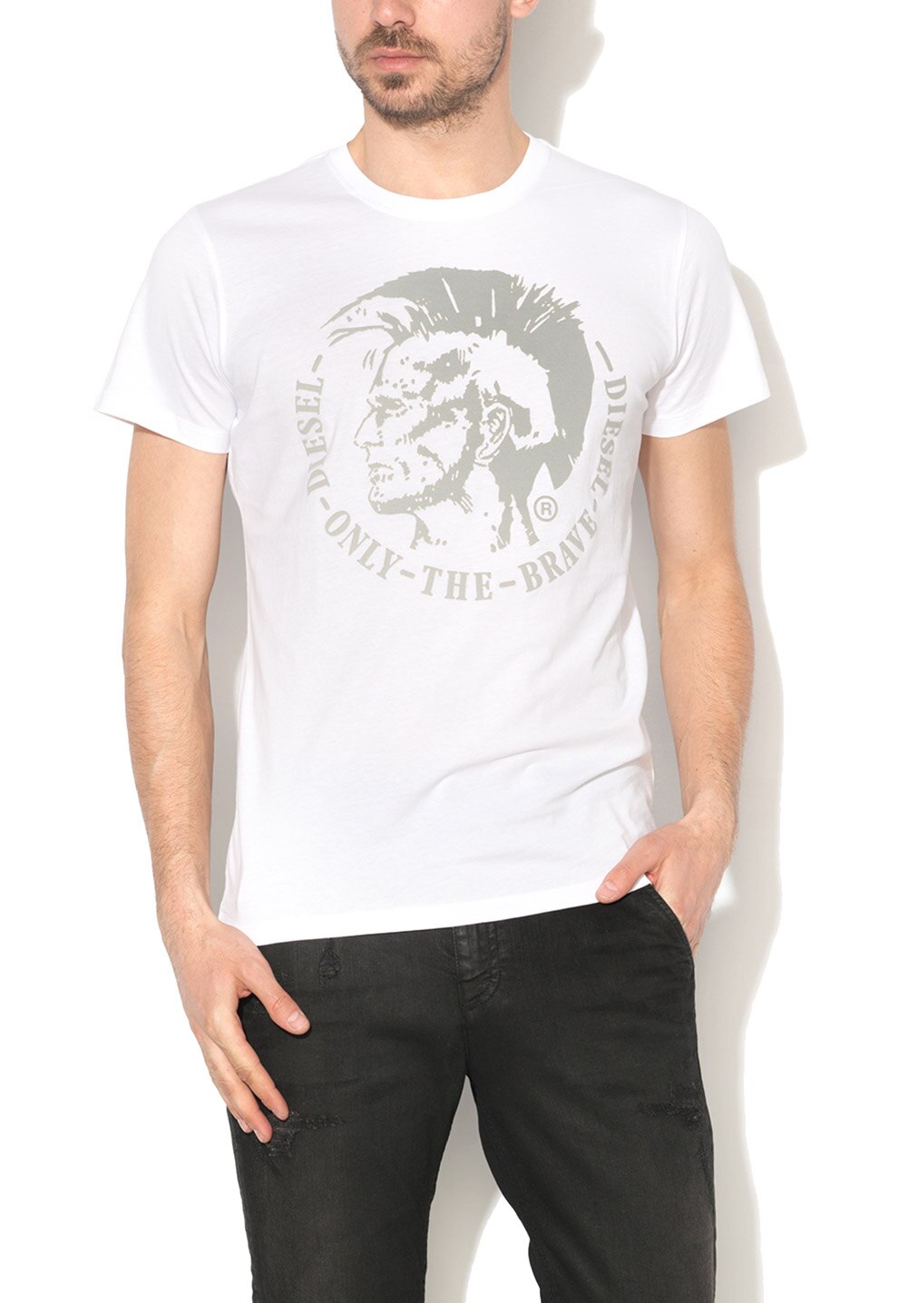 Diesel, Tricou alb cu imprimeu logo gri Diego