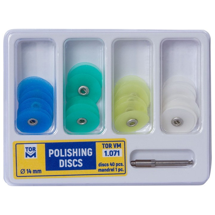 Set Mandrina cu discuri de finisare si lustruire 14mm: 1 mandrina metalica, 10 buc albastre, 10 buc verzi, 10 buc galbene, 10 buc albe