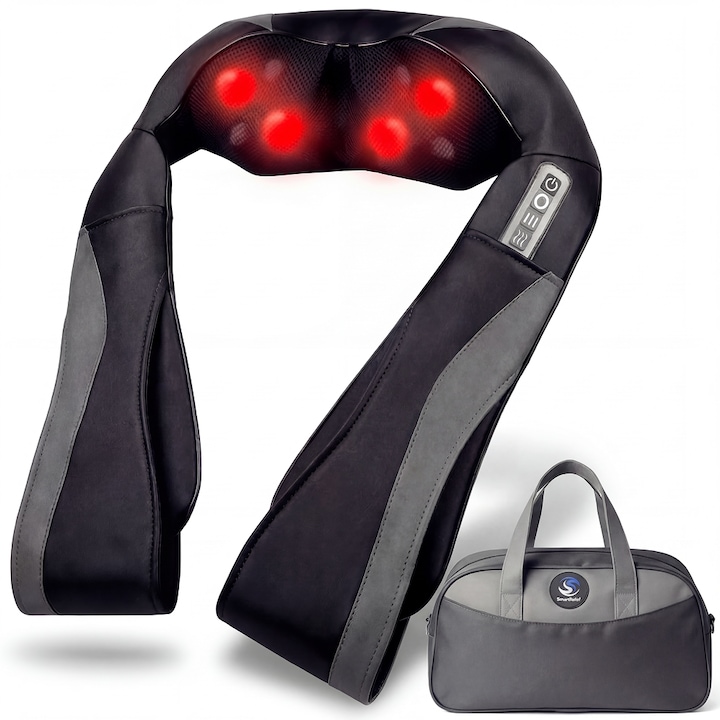 Aparat Profesional pentru Masaj SeveShop, Masaj Shiatsu 3D cu Functie de Caldura, 8 Noduri de Masaj Bidirectionale, Viteze Reglabile, Terapie cu Infrarosu, Design Ergonomic, Pentru Spate, Gat, Umeri, Corp, Negru Obsidian