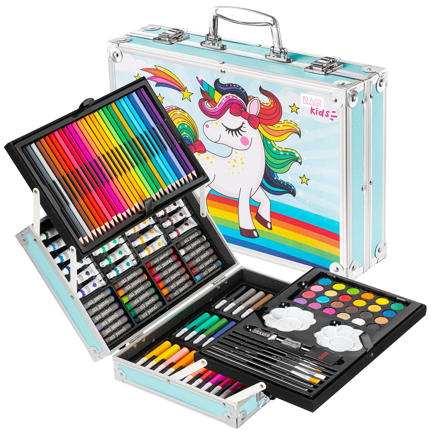 Set de pictura si desen pentru copii, 145 de piese, cutie din metal albastru