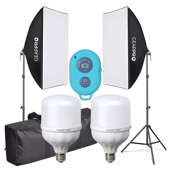 Set 2 Lampi Foto Softbox, GearPro, Constructie Pliabila, Bulbi Incandescenti Puternici, Lumina Naturala, 50 x 70 cm, E27, 105W, Aluminiu/Textil, Negru