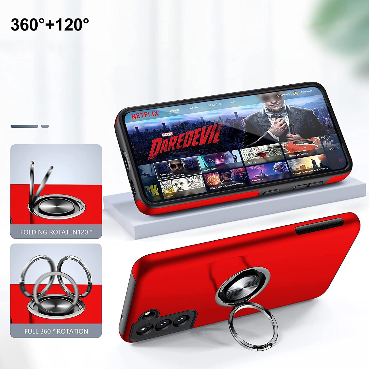 Husa pentru Samsung Galaxy S21 FE, inel rotativ 360° si Kickstand, Protectie Militara Antisoc, cu disipare termica, Rosu