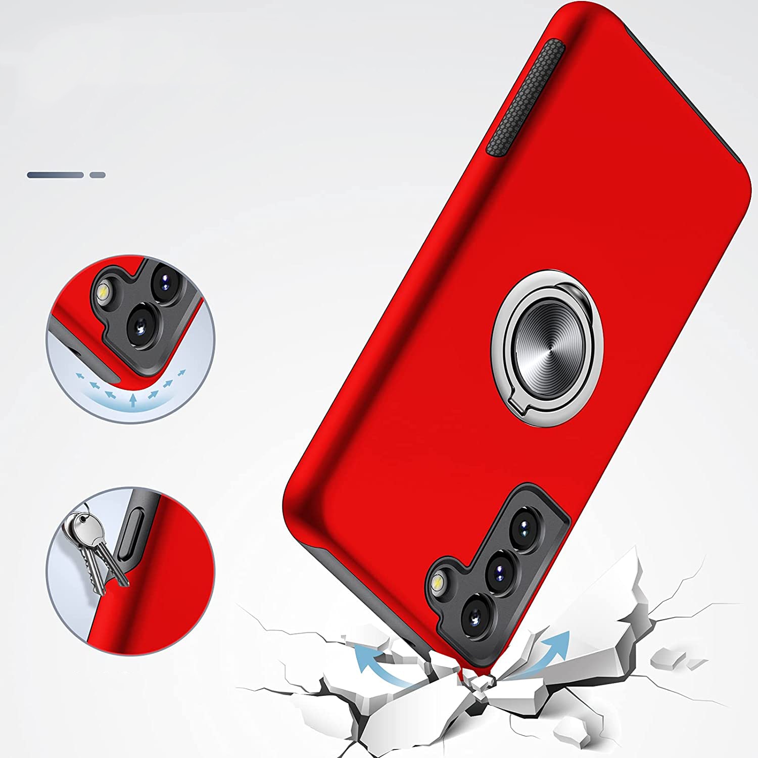Husa pentru Samsung Galaxy S21 FE, inel rotativ 360° si Kickstand, Protectie Militara Antisoc, cu disipare termica, Rosu