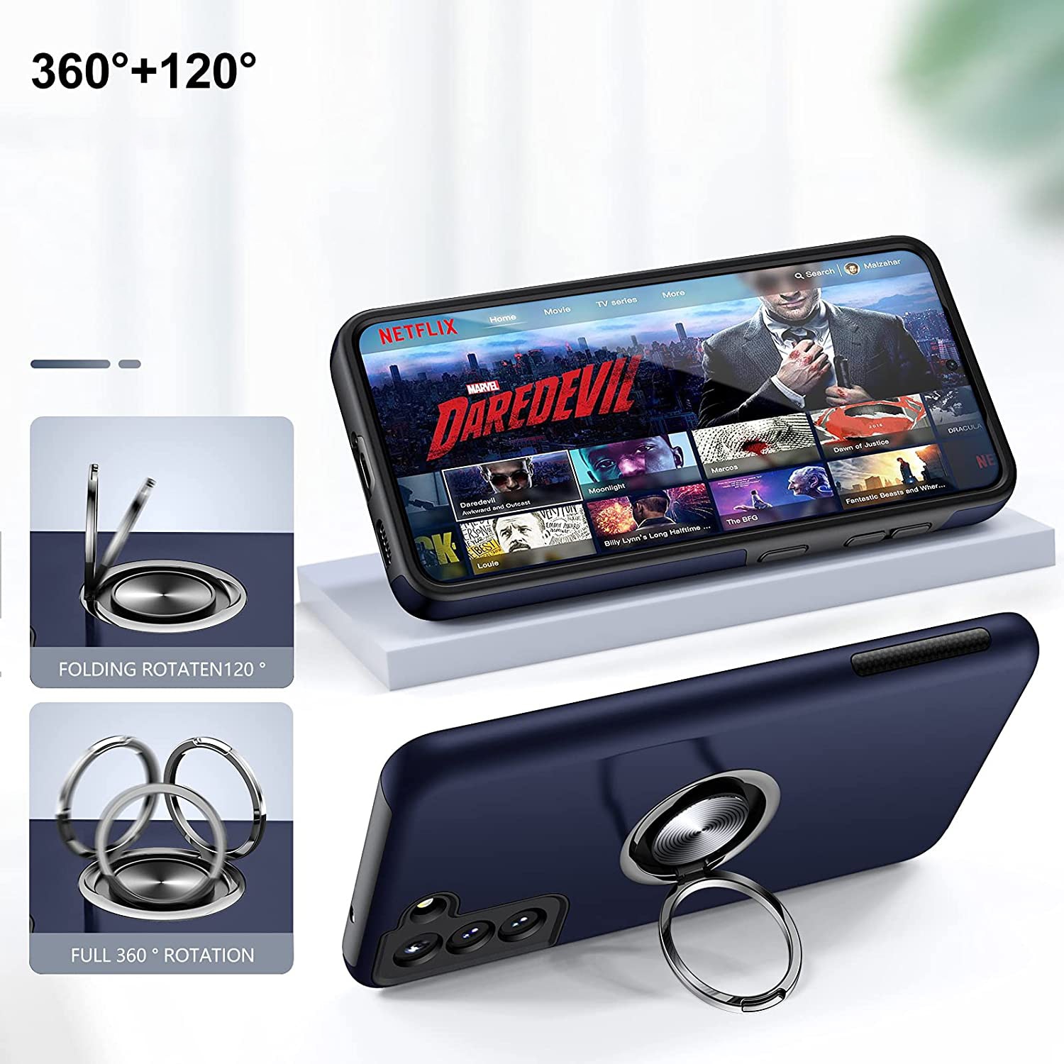 Husa pentru Samsung Galaxy S21 FE, inel rotativ 360° si Kickstand, Protectie Militara Antisoc, cu disipare termica, Blue