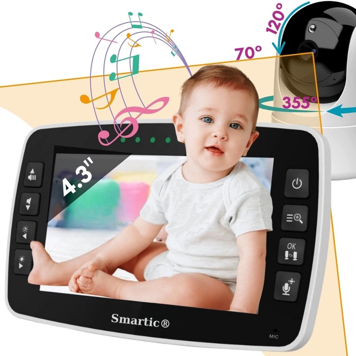 Baby Monitor WiFi Smartic™ SM43A, Ecran HD XXL 4.3", AI Night Vision, Rotire 360°, Zoom Digital 2X, VOX, Detectie Nocturna Inteligenta, BiDirectional, Raza Actiune 300m, Senzor Temperatura, 8 Cantece