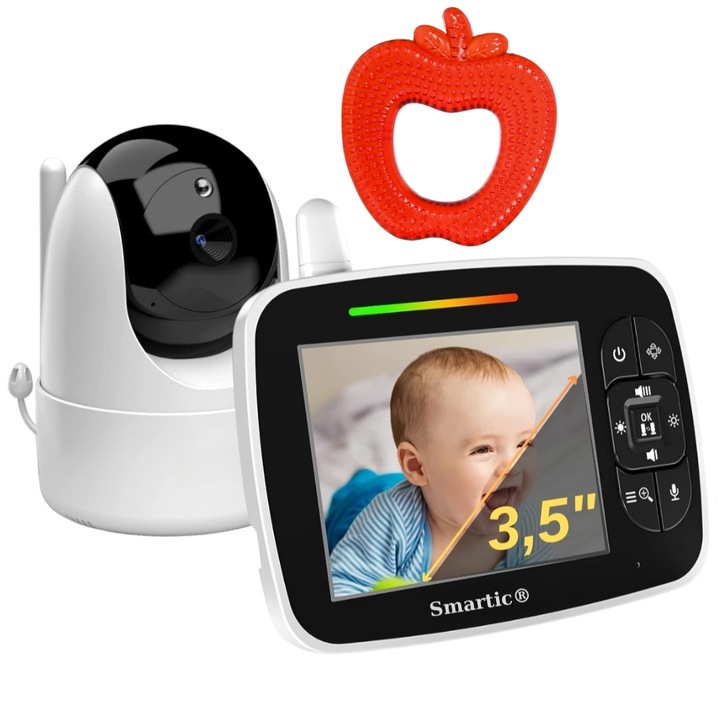 Bébiőr SM935C, TFT kijelző 3,5 hüvelykes, XXL, Hatótáv 300 m, Kétirányú kommunikáció, Automatikus éjszakai látás, Zoom, Altatódalok, Hőmérséklet érzékelő, Vízszintes elforgatás 355°, Függőleges 120°, Smartic®, tiszta fehér