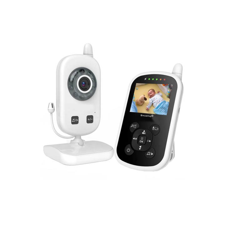 Smartic® Video Бебефон - UU24, 2,4-инчов LCD дисплей, автоматично нощно виждане, TFT 2,4“, аларма, температура, 300 м, въртене на 360⁰, приспивни песни, икономичен режим, матово бял
