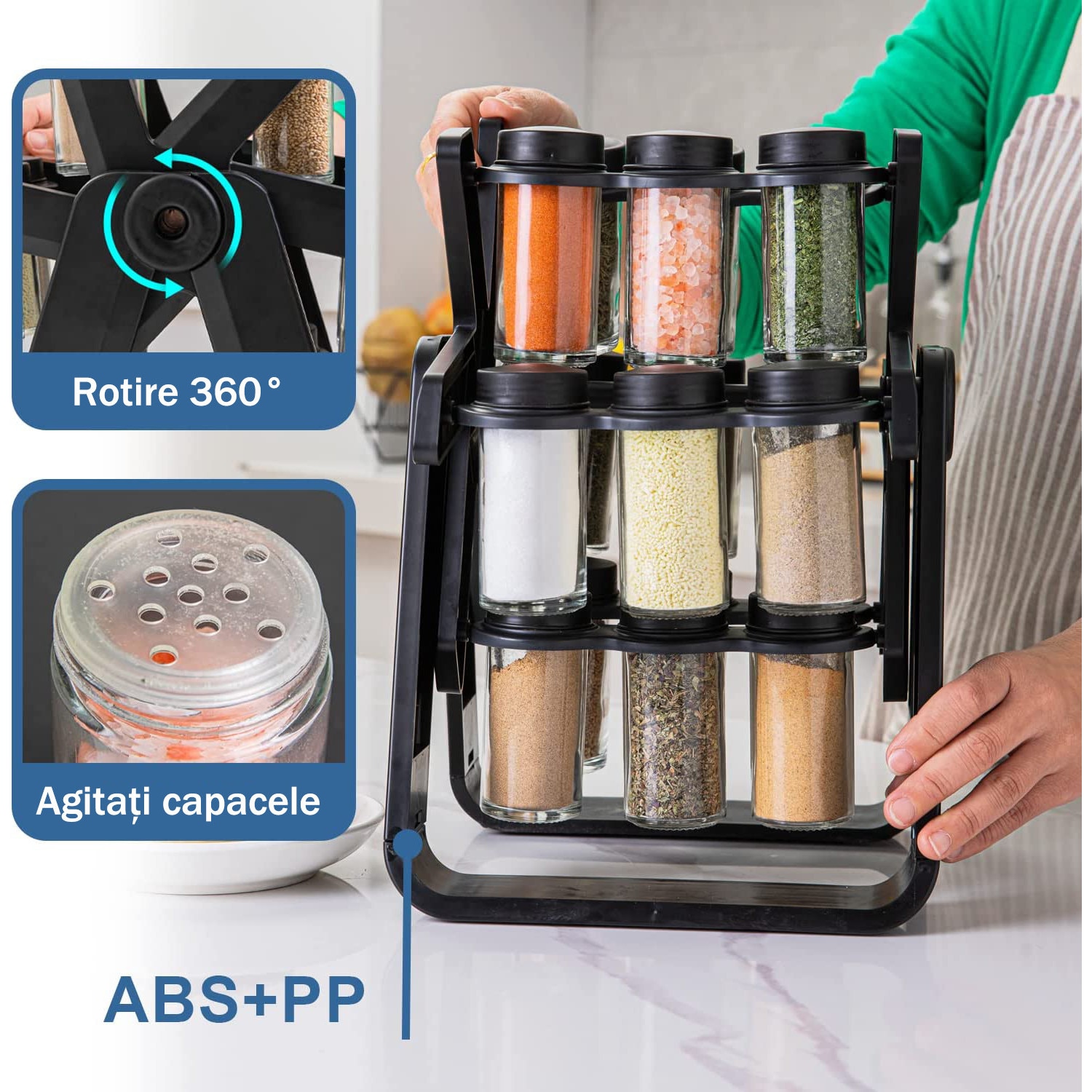 Set 18 recipiente condimente cu suport rotativ, BYONDSELF®, 34x23 cm ...